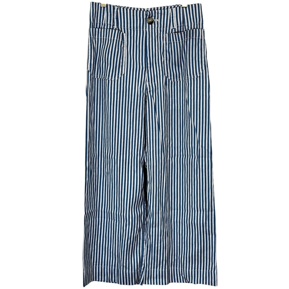 Maeve Anthropologie The Colette Blue White Stripe Linen Wide Leg Crop Pants 27 - Picture 2 of 7